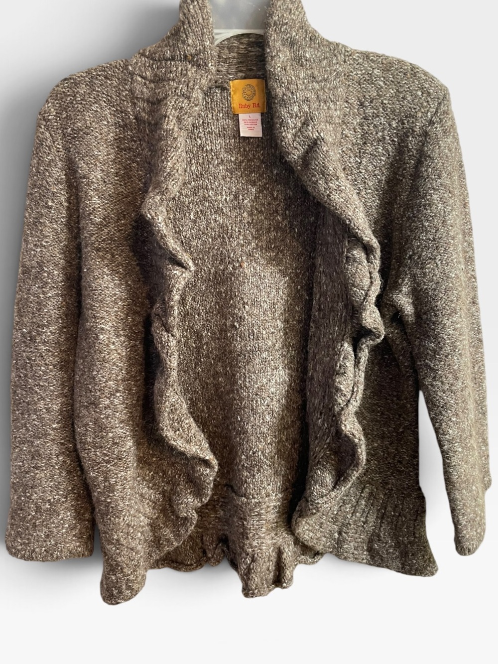 Ruby Rd Brown Ruffle Open Front Cardigan Sweater L Boho Textured Knit - Picture 2 of 4
